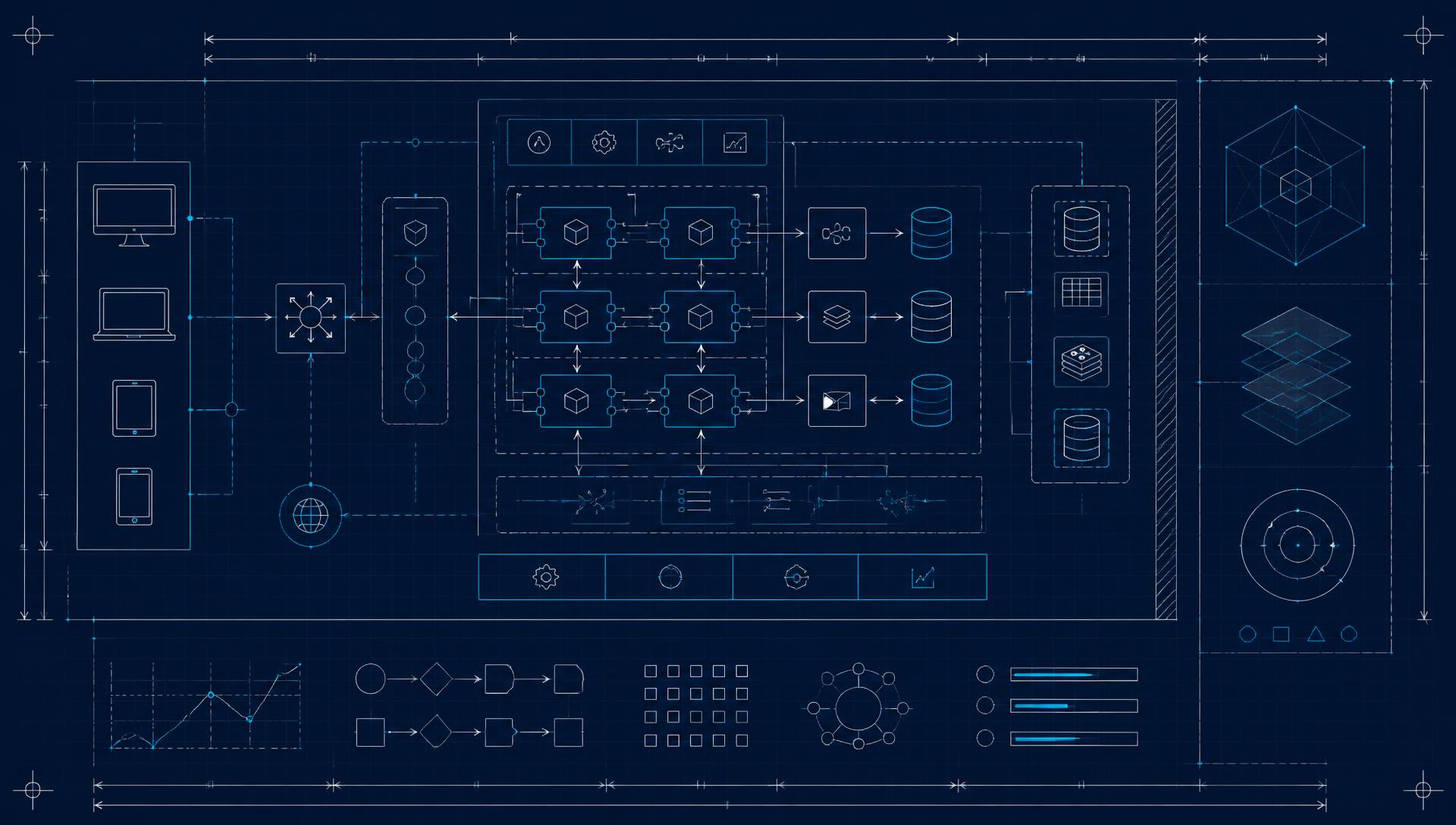 Blueprint-style technical plan of a software platform showing client devices, services, databases and data flows